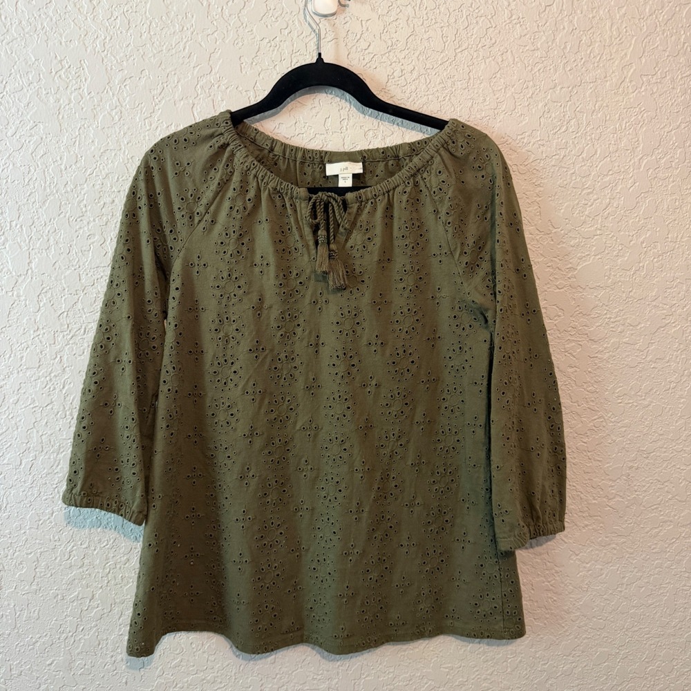 J. Jill Eyelet Tassel Blouse Size S Boho Cottagecore Olive Green Top
